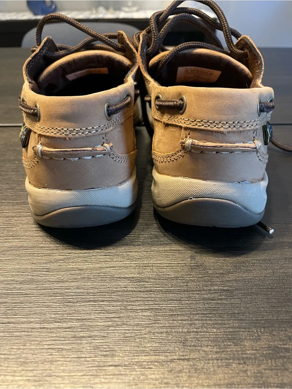 Rockport Works Men's Brown Leather Steel Toe Boat Shoes with Dark Brown Laces